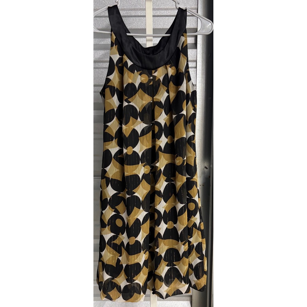 Geometric Circle Print Sleeveless Shift Dress Black Mustard Lurex Shimmer 14